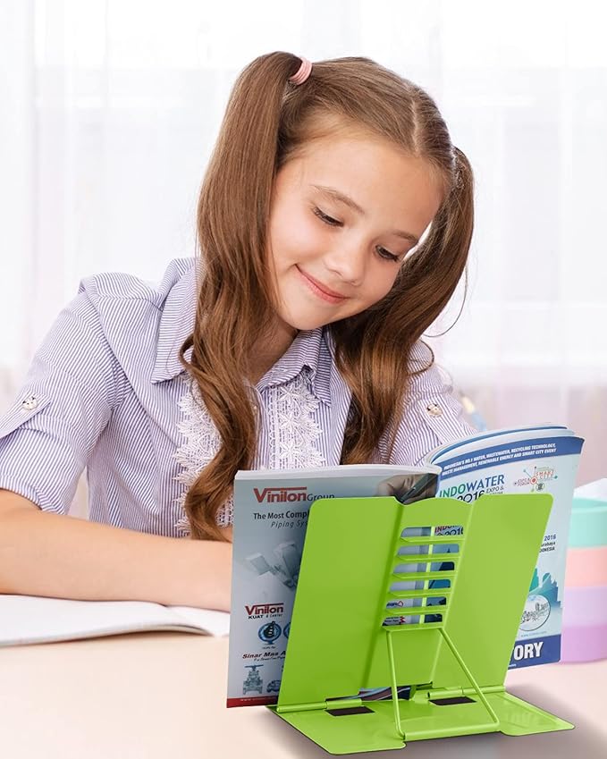 MSDADA Book Stand Metal Reading Rest Book Holder Adjustable Cookbook Documents Holder Portable Sturdy Bookstands for Recipes Textbooks Tablet Music Books with Page Clips (Green)