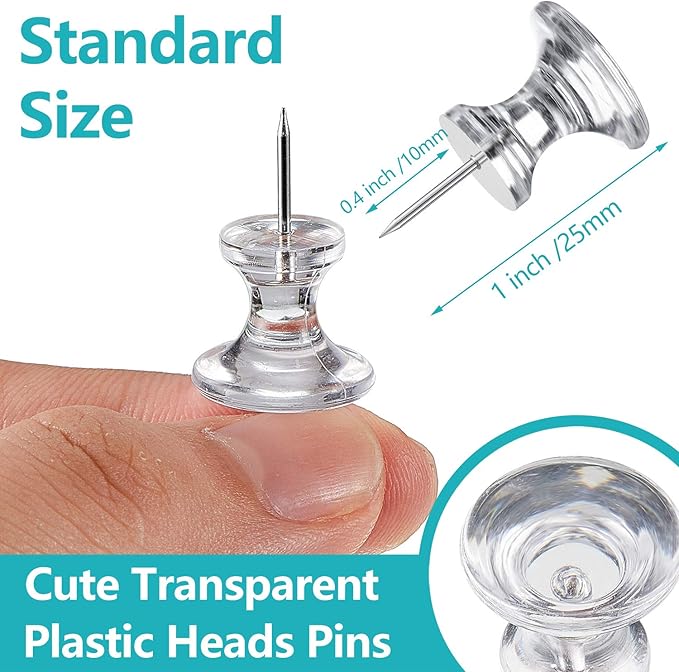 Outus 100 Pcs Giant Push Pins Large Thumb Tacks Plastic Heads 1 Inch Jumbo Push Pins for Cork Board Map Posters Office School(Clear)