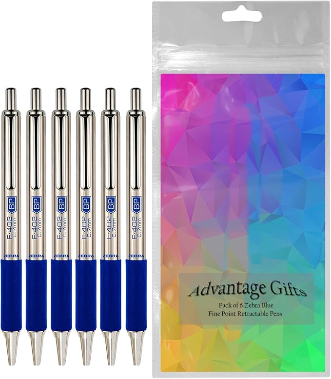 Zebra F-402 Ballpoint Stainless Steel Retractable Pen, Fine Point, 0.7mm, Blue Ink, 6-Count Bundle with Plastic Reusable Pouch
