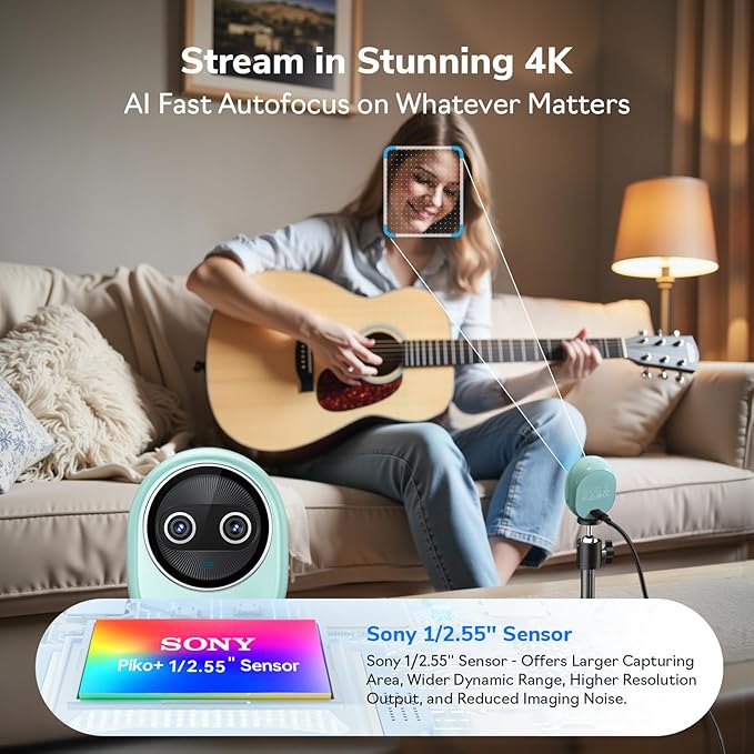 EMEET Piko+ Webcam 4K, World's 1st Dual-Camera AI-Powered 4K Camera, 1/2.55'' Sony Sensor, 3 Mics&3 Sound Modes, Panda Magnetic Privacy Cover, USB C-C&C-A, Ideal for Livestreamers and Content Creators