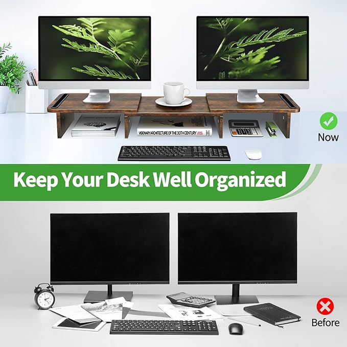 Zimilar Dual Monitor Stand Riser, Monitor Stand with Adjustable Length and Angle, Wood Monitor stand for desk, Monitor Riser for 2 monitors with Storage Space(Rust Brown Large)