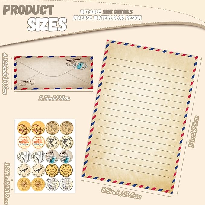 TaoBary 160 Pcs Stationery Paper Set 50 Double Sided Stationery Papers with 50 Matching Envelopes and 60 Round Dot Sticker, 10 Design(Vintage Travel,8.5 x 11 Inch)