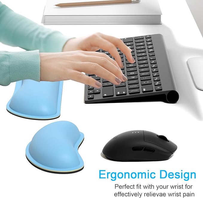 Dapesuom Keyboard Wrist Rest Set, Cute PU Leather Wrist Cushion for Computer Keyboard and Mousepad, Memory Foam Mouse Pad Rests Support with Non-Slip Base for Typing Pain Relief, Laptop, Sky Blue