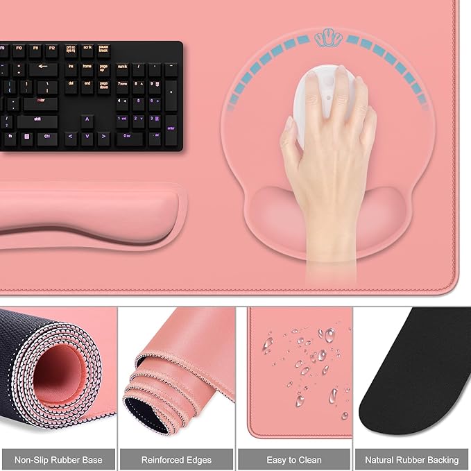 Dapesuom Large Gaming Mouse Pad, Mouse Pads with Wrist Rest Wrist Support, 4in1 XXL Desk Mat Desk Pad + Ergonomic Mousepad + Memory Foam Keyboard Mat Wrist Rest + Coaster Set for Computer, Rose Pink