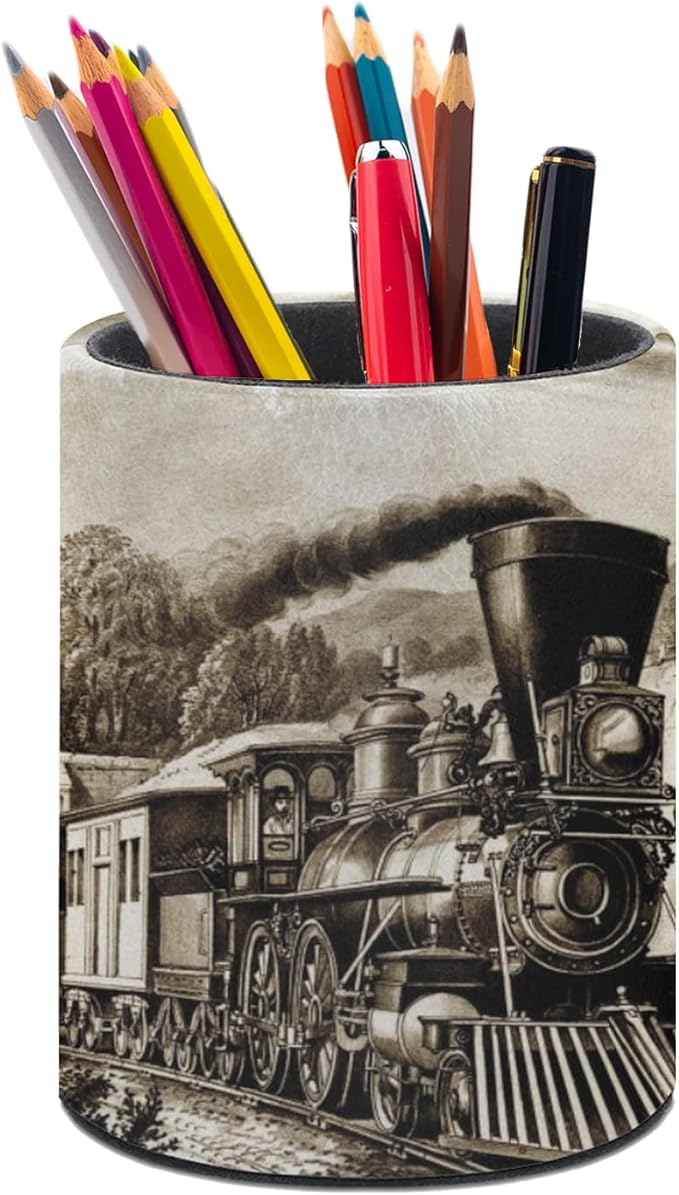 Vintage Steam Train Pen Holder Pencil Organizer Cute Pencil Cup Desk Decor Makeup Brush Holder PU Multifunctional Office Suppliesfor Home Classroom School