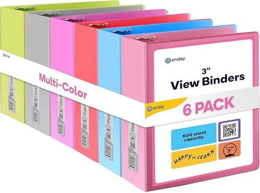 3 Slant D-Ring Binder 3 Inch, 3 in Clear View Cover with 2 Inside Pockets Binder, Heavy Duty Colored School Supplies Binders in Red, Green, Grey, Purple, Blue, Pink, Multicolor (6 PC) – by Enday
