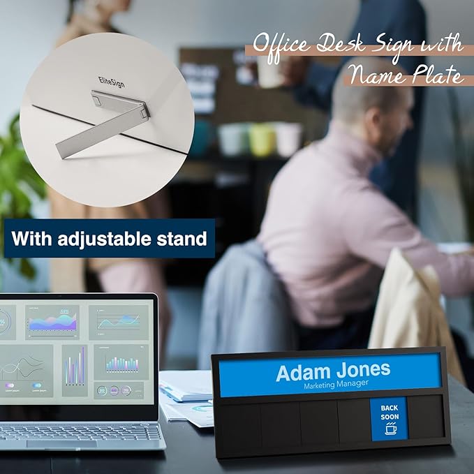 Name Plate for Desk& Office Door Sign, 6 Options Do Not Disturb, In A Meeting, Out of Office, Working Remotely, Please Knock, Stick or Stand with Desk Name Plate, Brushed silver