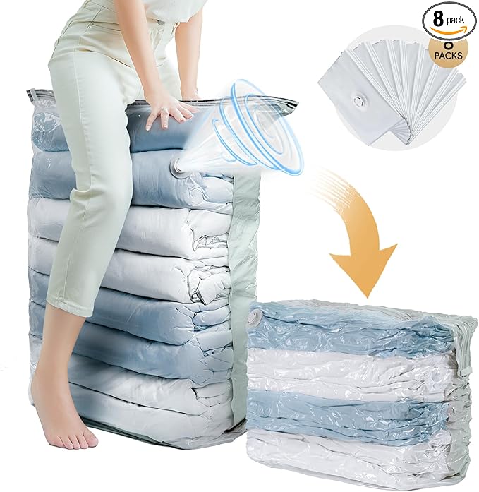 TAILI 8 Pack Vacuum Storage Bags, Jumbo Cube (31x40x15 Inch), Extra Large Vacuum Seal Bags for Clothes, Comforters and Blankets, Bedding, Closet Organization, Cream