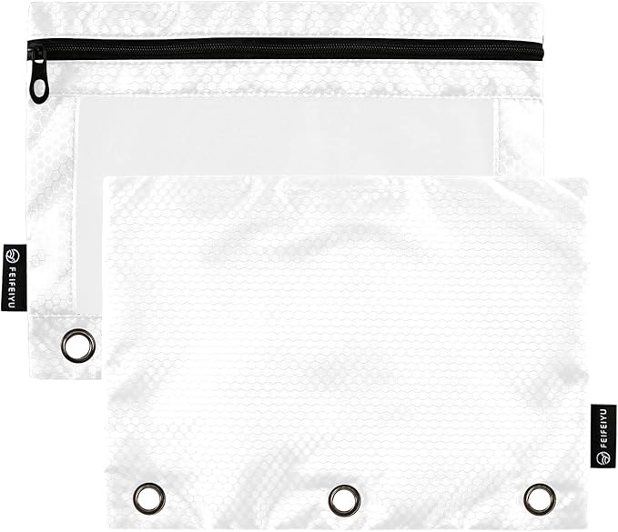 Gredecor Binder Pencil Pouch 3 Ring White Zipper Pencil Pouches Case 2 Pack Clear Binder Organizer for School Office