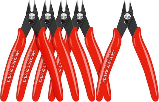 HongWay 5pcs Wire Cutters, Micro Flush Cutters with Spring, Wire Cutting Pliers, Wire Snips for Electronics Soft Copper Jewelry Making, 5-inches, Red