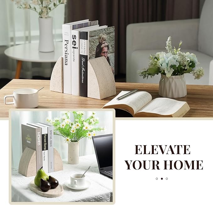 Koville Marble Bookends for Shelves, Large Bookends for Heavy Books, Non-Slip Heavy Duty Book Stopper for CD/Movies, Aesthetic Decorative Bookends for Shelves Table Home Decor(Brown)