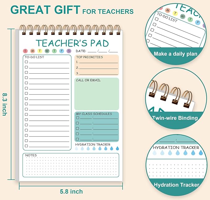 Teacher Notepad - Teacher To Do List Notepad, Spiral Checklist Notebook Organizer for Teachers Notes Task Appointment, Teacher Appreciation Gifts, 5.8'' x 8.3'', Green