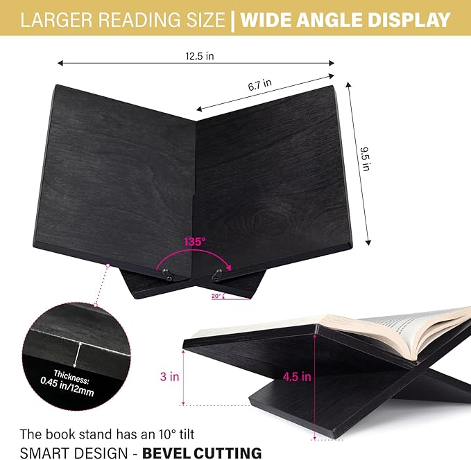 Solid Wood Book Stand for Reading and Display, Foldable Book Holder for Cookbooks, Art Books, Bibles, Magazines – Open Book Stand for Kitchen, The Front Stopper Helps Prevent Books from Sliding.