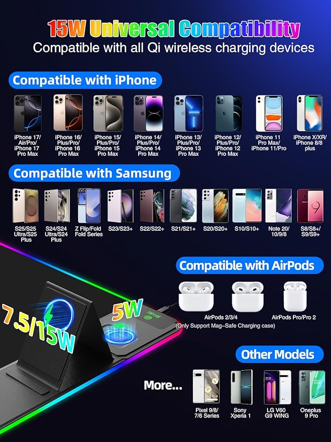 Mouse Pad with Foldable Phone Holder & Wireless Charger, XXL RGB Gaming Mousepad 31.5"x15.8" Large Desk Mat for Keyboard, Black Desk Pad with Dual Qi Charging Station | 11 Colors 5 Modes | Waterproof