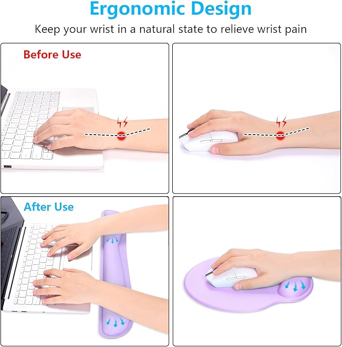 Dapesuom Keyboard Wrist Rest and Mouse Pad with Wrist Support, Cute Memory Foam Cushion for Keyboard and Mouse Set, Ergonomic Pad Rests with Non Slip Base for Easy Typing & Pain Relief, Vanilla Purple