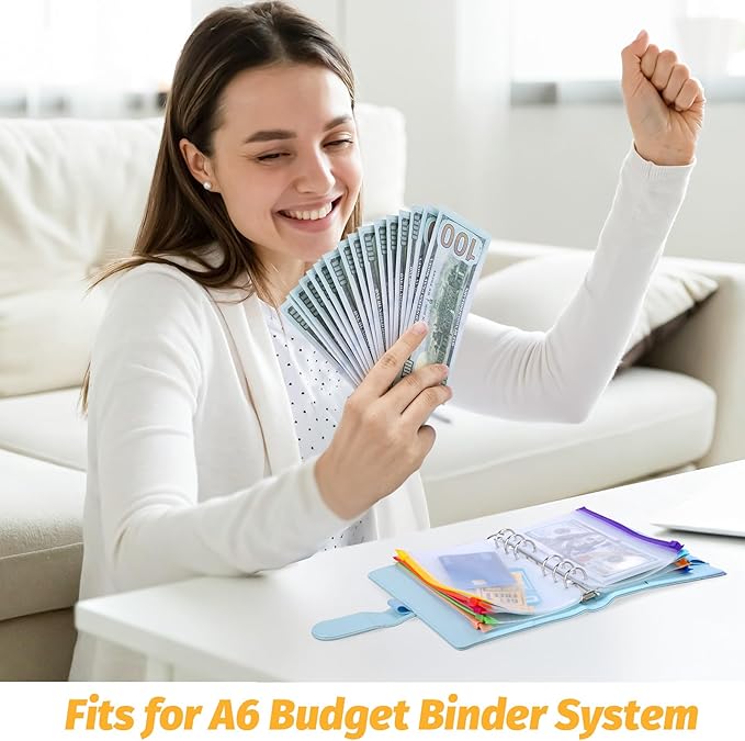 Antner 30PCS A6 Binder Pockets 6-Hole Budget Binder Inserts, 10 Assorted Color Zipper Pouch Folders Cash Stuffing Envelopes for Budgeting, Loose Leaf Filling Bags Money Organizer for A6 6-Ring Binders