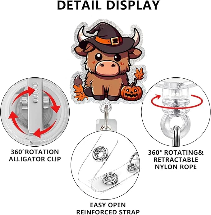Halloween Cow Badge Reel Retractable Acrylic ID Clip with Swivel Alligator Clip Cartoon Highland Cow ID Tag Card Holder Clip for Nursing Student, Doctor Medical Worker Alligator Badge Accessories
