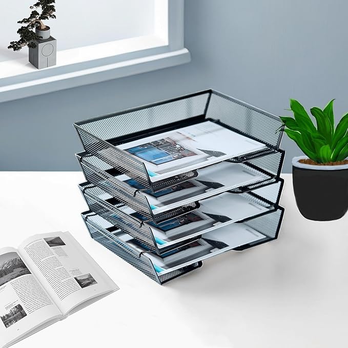 SETTFRFE 4 Tier Metal Mesh Desk Organizer-Stackable Letter Trays for Office Supplies,Black File Storage System with Reinforced Edges