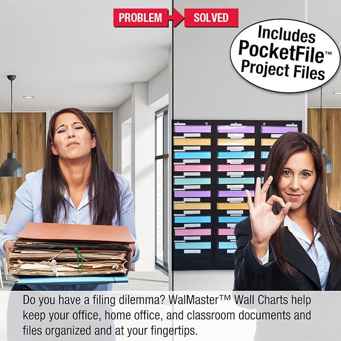 Ultimate Office WalMaster Heavy Duty, 30-Pocket Wall Chart Filing System WITH LABEL HOLDERS for Classroom and Office, Wall File Organizer PLUS 36 PocketFiles, Mounting Hardware & Door Hooks