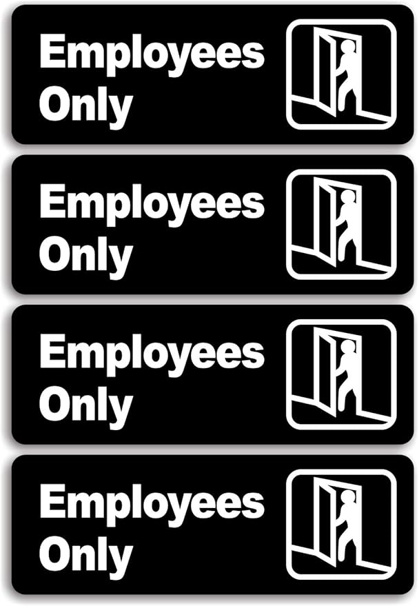 "Employee Only" Informative Acrylic Plastic Sign with Symbols, (4 Pack) 9 X 3 Inch, Self Adhesive, Use for Office/Business, Easy to Apply, White Big Letters on Black Plate