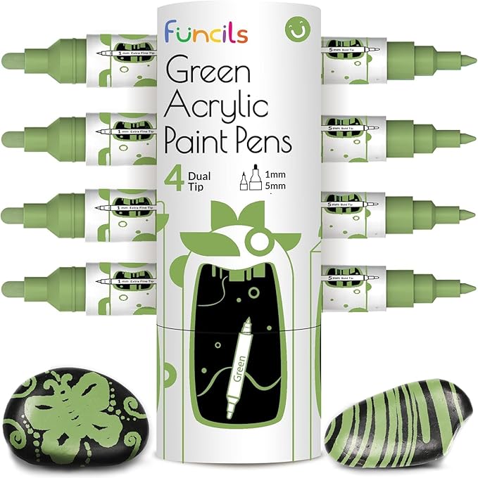 4 Dual Tip Green Paint Pen Metallic - Fine Tip & Medium Acrylic Paint Markers - Green Marker for Metal, Wood, Rock Painting, Canvas, Ceramic, Glass, Fabric, Leaf and Plastic - Water-based Ink