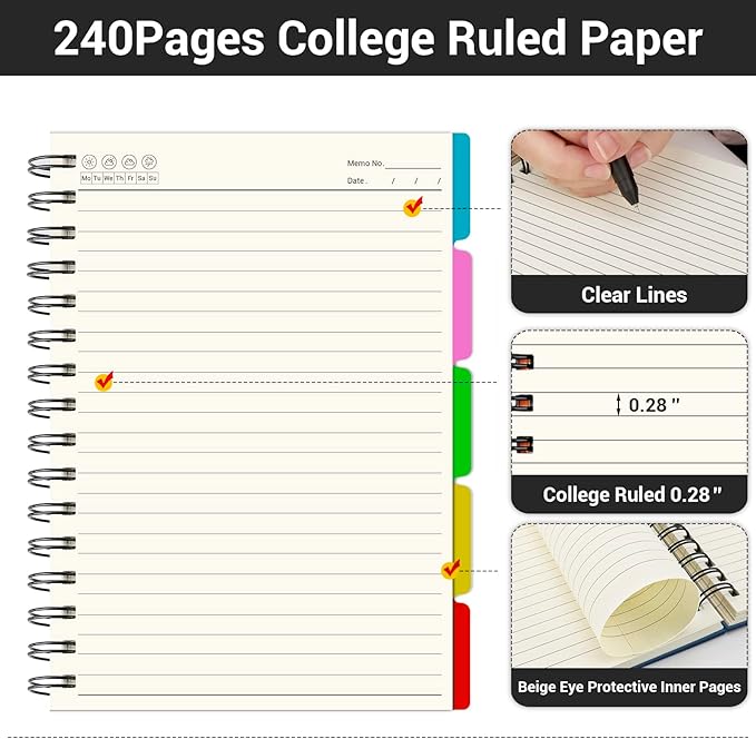 EUSOAR Spiral Notebook Hardcover, 3pcs B5 7.3"x10.2" 5 Subject College Ruled Writing Pad, 100GSM 120Sheets/ 240Pages of Lined Paper, for School, Home Supplies, Office and Business, Royal Blue