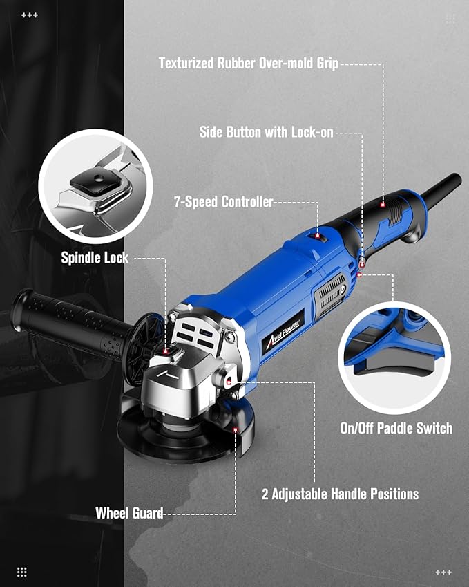 AVID POWER Angle Grinder 4-1/2 Inch 8.0 Amp 1000W Electric Grinder Tool 7-Variable-Speed Metal Grinder, 11,500 RPM, Paddle Switch with Lock-on Button, Cutting & Grinding Wheels and Side Handle - Blue