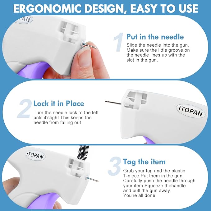 Stitch Gun for Clothes, Tagging Gun for Clothing Quick Fixes - Price Tag Gun with 6 Fine Needle, 1000 Black Fasteners & 1000 White Fasteners Snow1+MediumPurple1