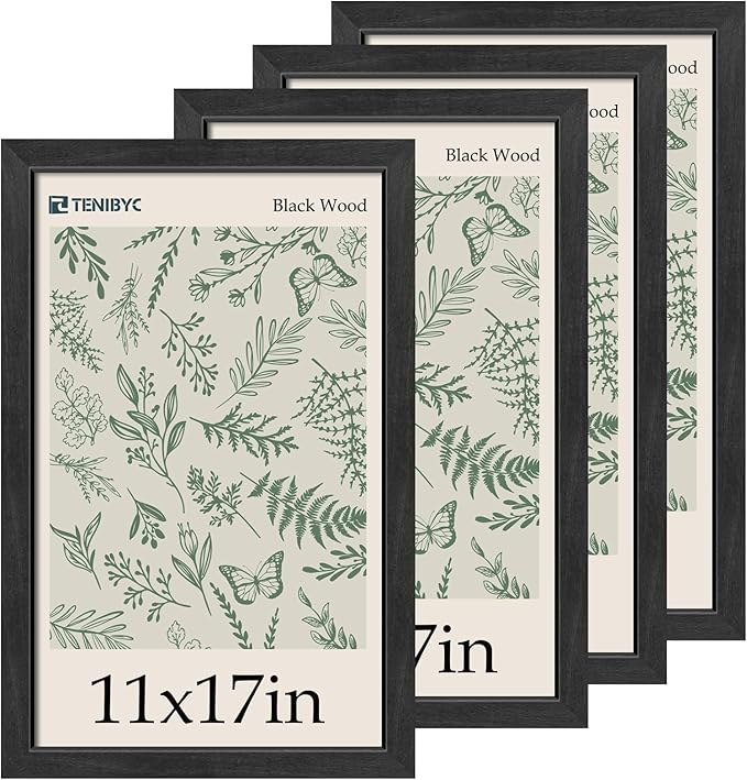 11x17 Picture Frame 4 Pack, Black Wood Poster Frame with HD Tempered Glass, Elegant Wood Grain, Wall Hanging