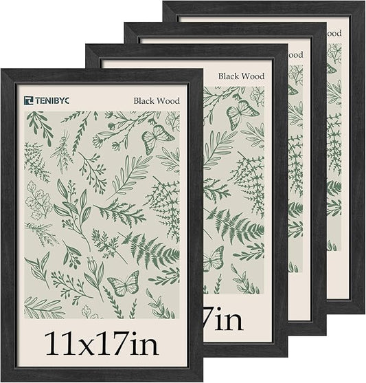 11x17 Picture Frame 4 Pack, Black Wood Poster Frame with HD Tempered Glass, Elegant Wood Grain, Wall Hanging