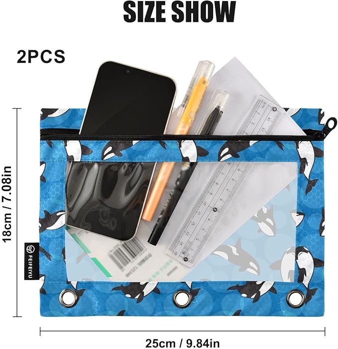 ALAZA Pencil Pouch for 3 Ring Binder, Orca Killer Whale on Blue Background Binder Pencil Pouches with Clear Window Zipper Pencil Case Cosmetic Bags for Office College Supplies, 2PCS