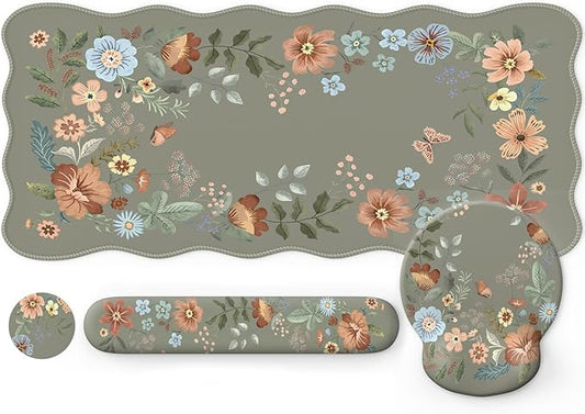 Desk Pad Mat Green, Wrist Rest Support for Mouse Pad&Keyboard Set, Scalloped Vanity mat Protector for Makeup, Cute Floral Nail Mat, Aesthetic Desk Protector for Women's Office Home, Dorm