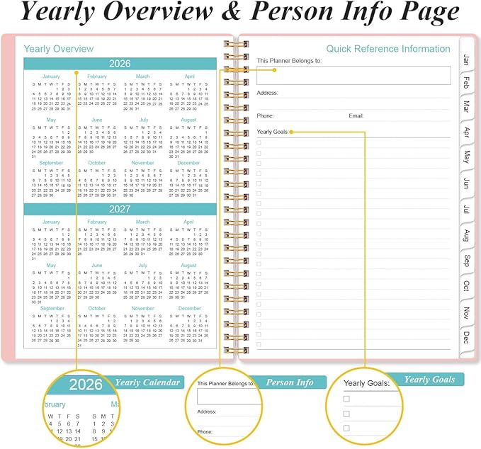 2026 Planner - Planner 2026 from January 2026 - December 2026, Weekly & Monthly Planner Spiral Bound with 12 Monthly Tabs, Inner Pocket, 6.4" x 8.5", Pink-E