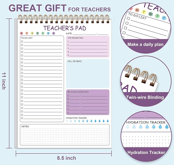Teacher Notepad - A4 Teacher To Do List Notepad, Spiral Checklist Notebook Organizer for Teachers Notes Task Appointment, Teacher Appreciation Gifts, 8'' x 11'', Purple