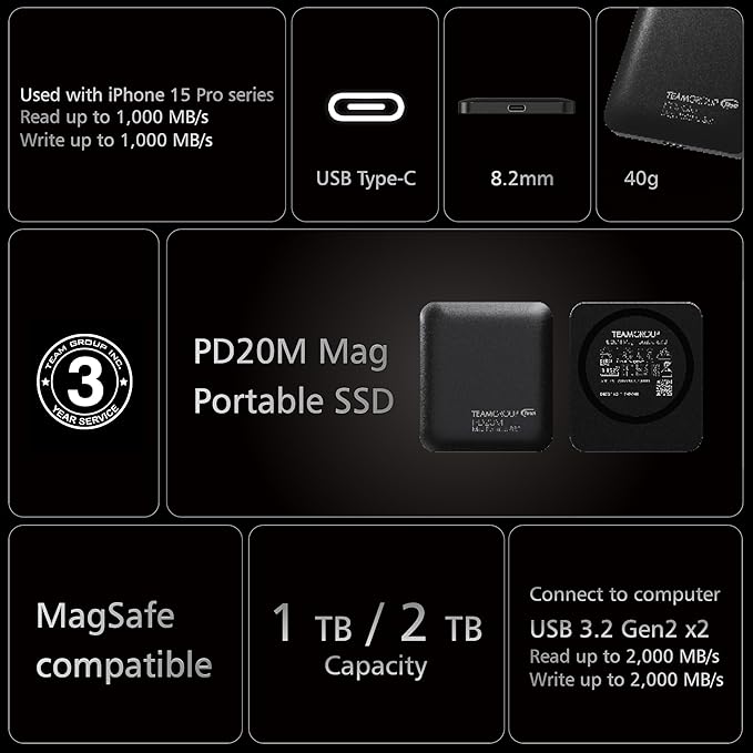 TEAMGROUP PD20M 2TB Magnetic External SSD Read up to 2000MB/s USB 3.2 Gen 2x2 Type-C 4K ProRes HDR Record iPhone 15&16 Pro Max,iPad TPSEG2002T0C108