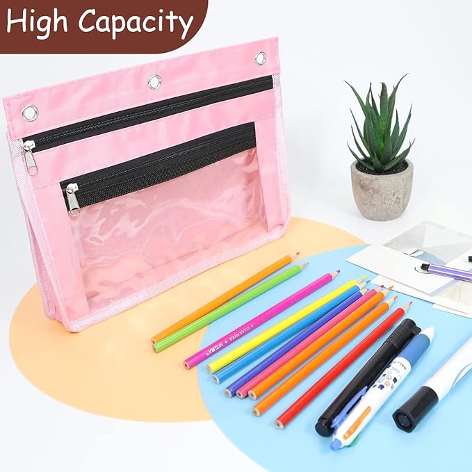YoeeJob 1 Pack Pencil Pouch for 3 Ring Binder, Expandable Binder Pouches with Zipper, Large Capacity Pen Holder Case with Clear Window School Class Office Organizers, Pink