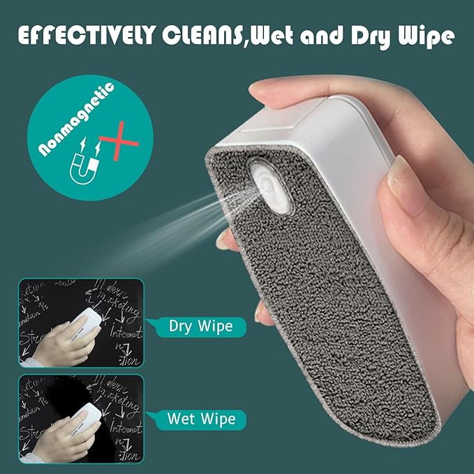 Replaceable Dry Erase Spray Eraser, 3-in-1 Non-Magnetic Chalkboard Erasers for Glass Marker Board Whiteboard, ZHIDIAN Dustless Chalk Cleaner w/ 2 Microfiber Pads