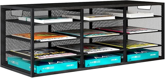 Mail Sorter Adjustable Countertop Heavy Duty Literature Organizer Student Mailbox for Classroom Desktop Bill Paper Holder Rack for Office Home School, 12 Compartments, Black