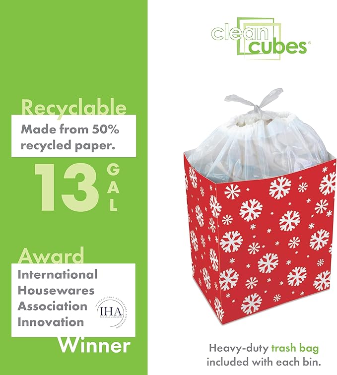 | 13 Gallon Disposable Trash Cans (3-Pack) with Fitted Trash Bags - Reusable Garbage and Recycling Bins for Parties, Events, and More (Snowflake - 17" Height x 13.5" Width x 10" Depth)