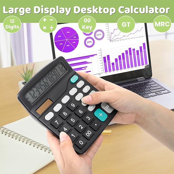 8 Pack Desktop Calculator 12 Digit, Solar Battery Basic Calculator, Dual Power Electronic Calculators with Large LCD Display, Sensitive Button Handheld Calculator for Office Home School, Black
