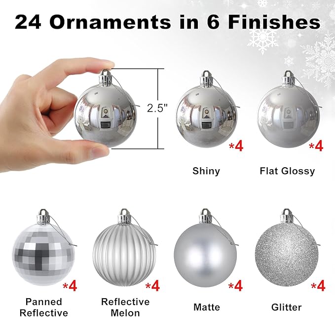 Silver 2.5" Christmas Balls Christmas Tree Decoration Ornaments Shatterproof Hanging Balls for Birthday Halloween Holiday Wedding Decorations Set of 24pcs
