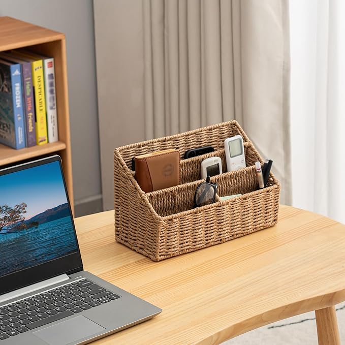 Woven Divided Storage Basket Desk Organizer Tabletop Mail Holder Countertop Paper Woven Basket Home Office Supplies (4 Compartments)