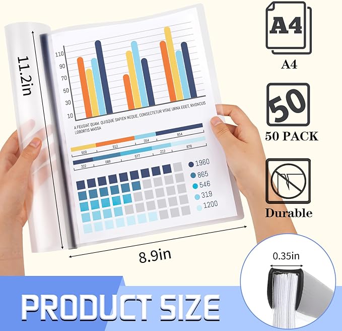 50 Pack Report Covers with Sliding Bar, Clear Report Covers for A4 and Letter Size Paper, Presentation Folders Resume Document Covers for School Office, Black