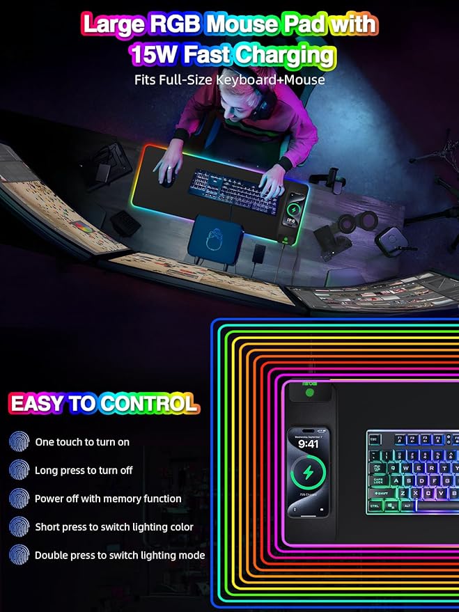 Wireless Charging Mouse Pad, 31.5"x11.81" XL Gaming Mousepad with 11 RGB Colors & 5 Lighting Modes, Home Office Large Desk Pad, Ultra-Smooth Surface, Non-Slip, Waterproof Keyboard Pad Black Desk Mat