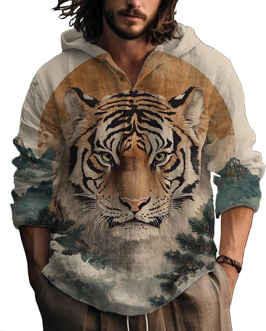 MARSVOVO Hooded Long Sleeve Shirt Men Fashion Graphic Button Up Lightweight Big and Tall Casual Vacation Shirts for Men