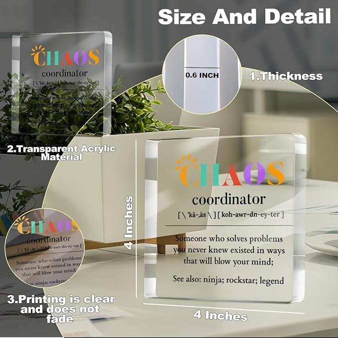 Thank You Gifts for Manager Leader Boss Mentor, Positive Affirmation Desk Acrylic Sign, Chaos Coordinator Definition Desk Decorative Signs for Table Top Cubicle Room Office
