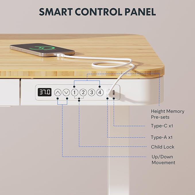 FLEXISPOT Comhar Electric Standing Desk with Drawer Desktop & Adjustable Frame w/USB Charge Ports (Bamboo Texture/White, Wood)