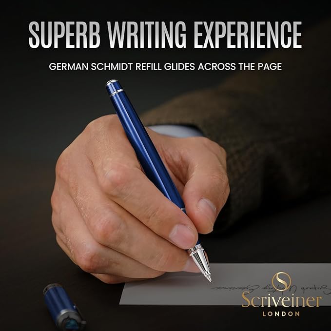 Scriveiner Midnight Blue Rollerball Pen - Stunning Blue Lacquer Luxury Pen, Chrome Finish, Schmidt Ink Refills, Men & Women, Professional, Executive Office, Nice Pen