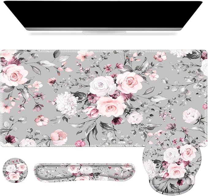 iCasso Large Mouse Pad Wrist Support Set, 4in1 XXL Big Mousepad + Keyboard Wrist Rest + Mouse Wrist Rest + Coaster Set with Ergonomic Design Gaming Mat for Home Office Table Computer - Pink Floral