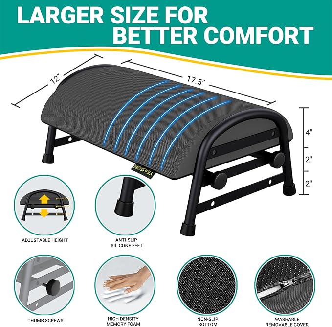 Comfortable Foot Stool for Desk, Adjustable Height Footrest with Washable Cover, Under Desk Foot Rest for Office